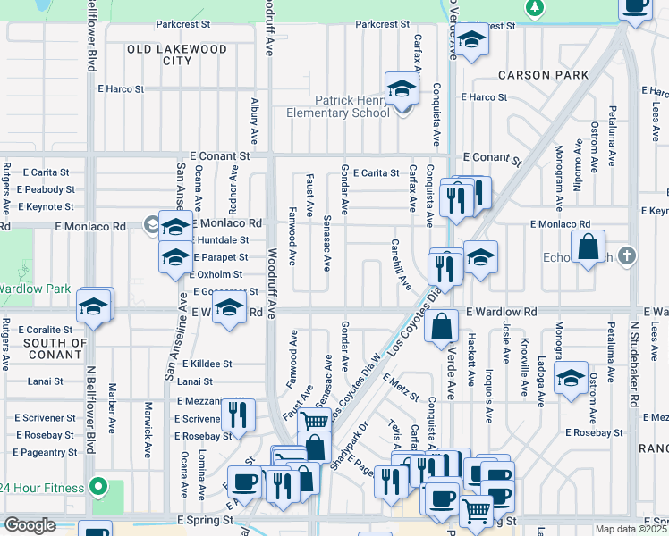 map of restaurants, bars, coffee shops, grocery stores, and more near 3459 Gondar Avenue in Long Beach