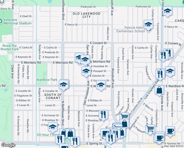 map of restaurants, bars, coffee shops, grocery stores, and more near 5703 East Oxholm Street in Long Beach