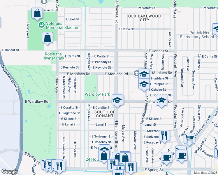 map of restaurants, bars, coffee shops, grocery stores, and more near 3455 Montair Avenue in Long Beach