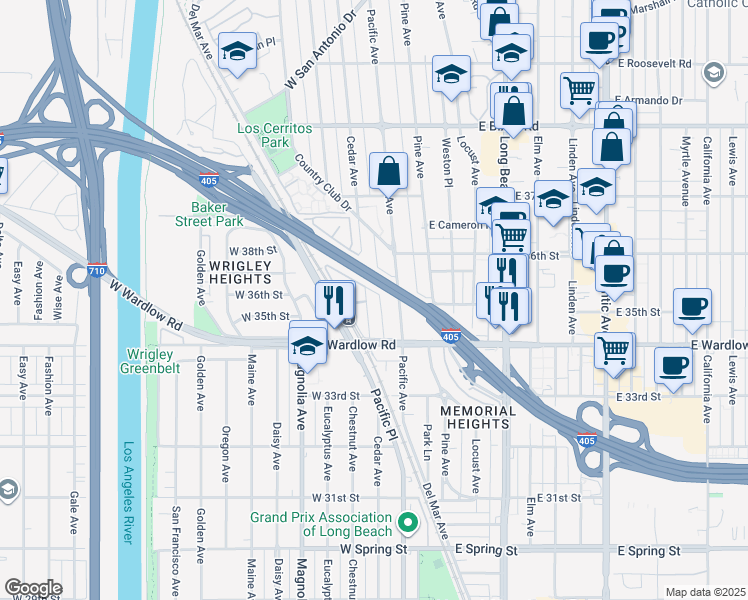 map of restaurants, bars, coffee shops, grocery stores, and more near 3501 Cedar Avenue in Long Beach