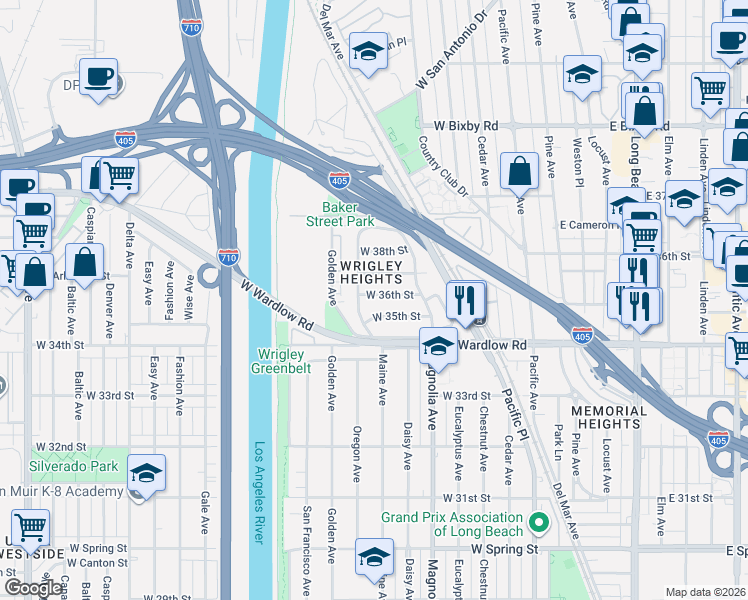 map of restaurants, bars, coffee shops, grocery stores, and more near 602 West 36th Street in Long Beach