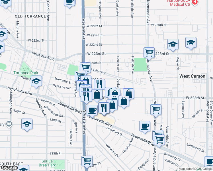 map of restaurants, bars, coffee shops, grocery stores, and more near 1533 West 227th Street in Torrance