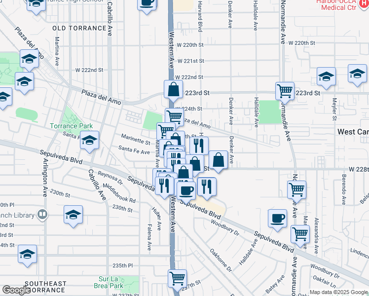 map of restaurants, bars, coffee shops, grocery stores, and more near 1647 West 227th Street in Torrance