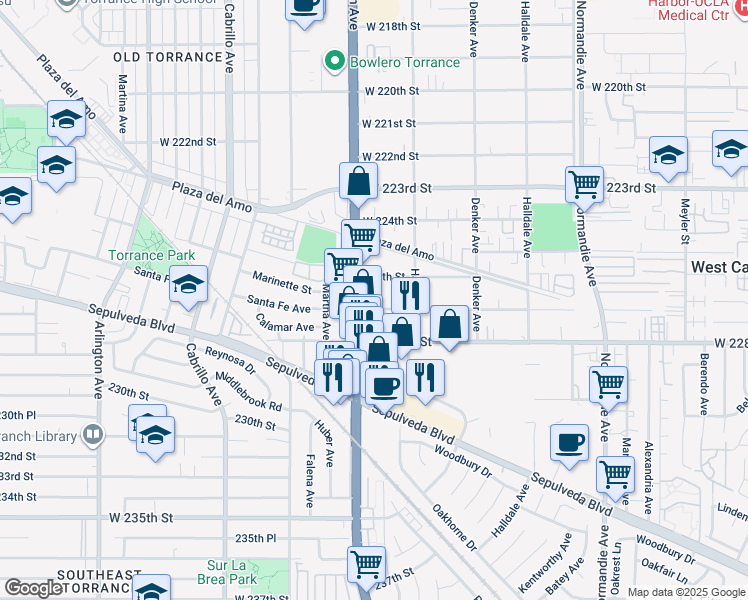 map of restaurants, bars, coffee shops, grocery stores, and more near 1647 West 227th Street in Torrance
