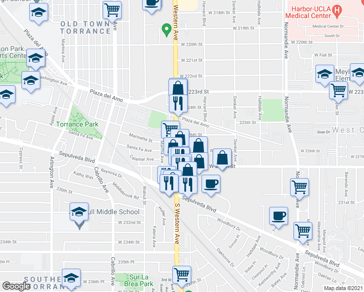 map of restaurants, bars, coffee shops, grocery stores, and more near 1647 West 227th Street in Torrance