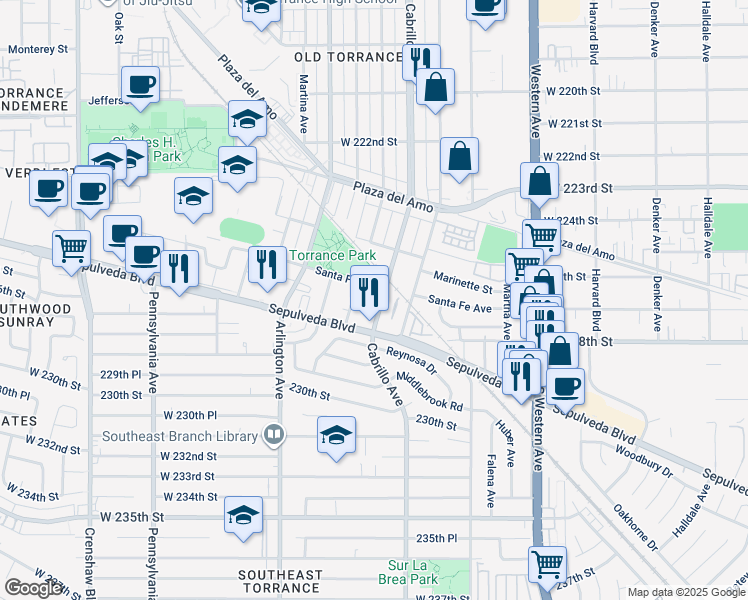 map of restaurants, bars, coffee shops, grocery stores, and more near 2652 Cabrillo Avenue in Torrance