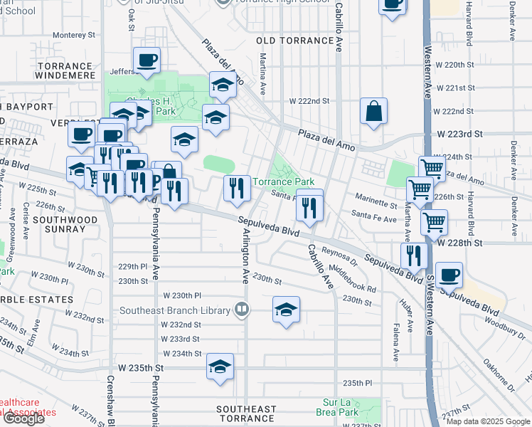 map of restaurants, bars, coffee shops, grocery stores, and more near 2743 Gramercy Avenue in Torrance