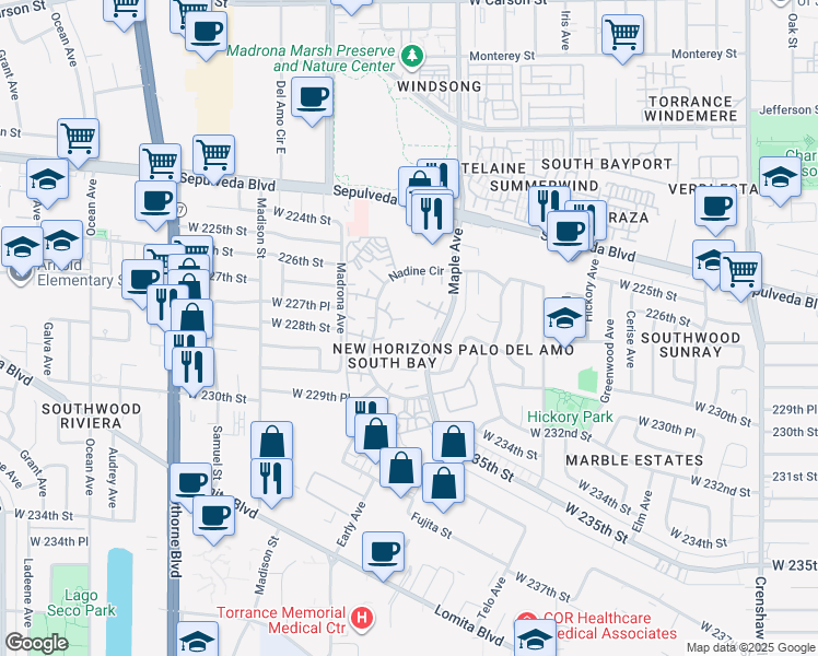 map of restaurants, bars, coffee shops, grocery stores, and more near 22904 Nadine Circle in Torrance