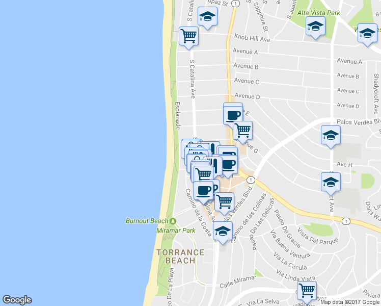map of restaurants, bars, coffee shops, grocery stores, and more near 1516 Esplanade in Redondo Beach