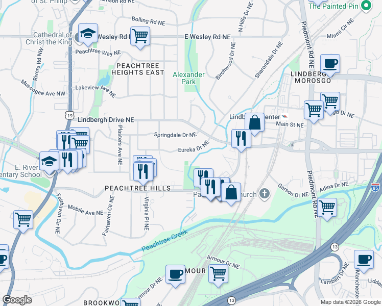 map of restaurants, bars, coffee shops, grocery stores, and more near 297 Eureka Drive Northeast in Atlanta