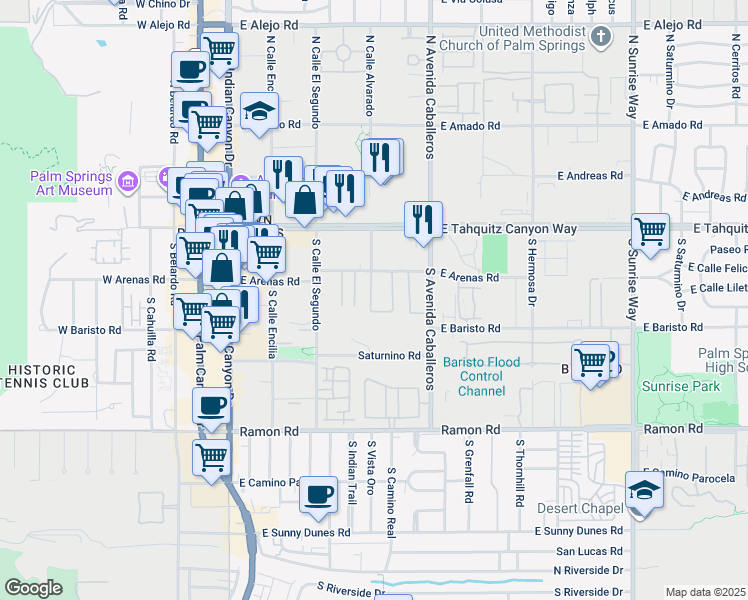 map of restaurants, bars, coffee shops, grocery stores, and more near 829 East Arenas Road in Palm Springs