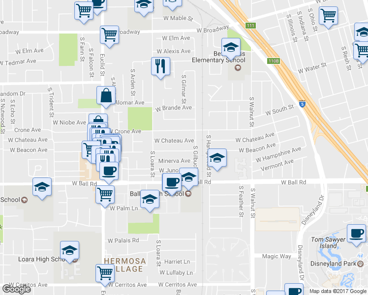 map of restaurants, bars, coffee shops, grocery stores, and more near 1537 West Beacon Avenue in Anaheim