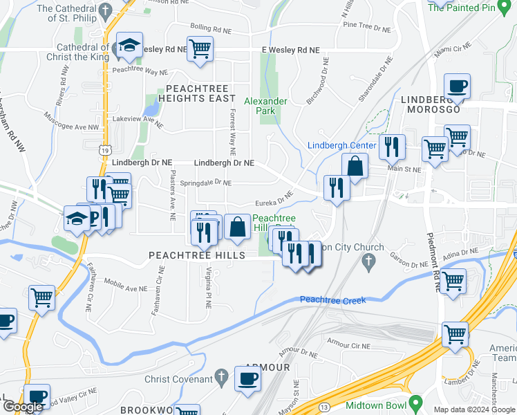 map of restaurants, bars, coffee shops, grocery stores, and more near 297 Eureka Drive Northeast in Atlanta