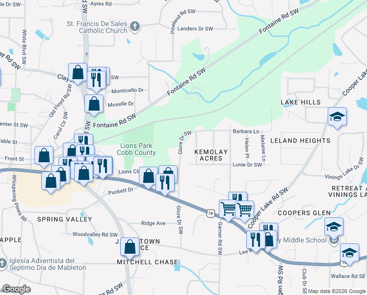 map of restaurants, bars, coffee shops, grocery stores, and more near 5477 Glore Drive Southwest in Mableton