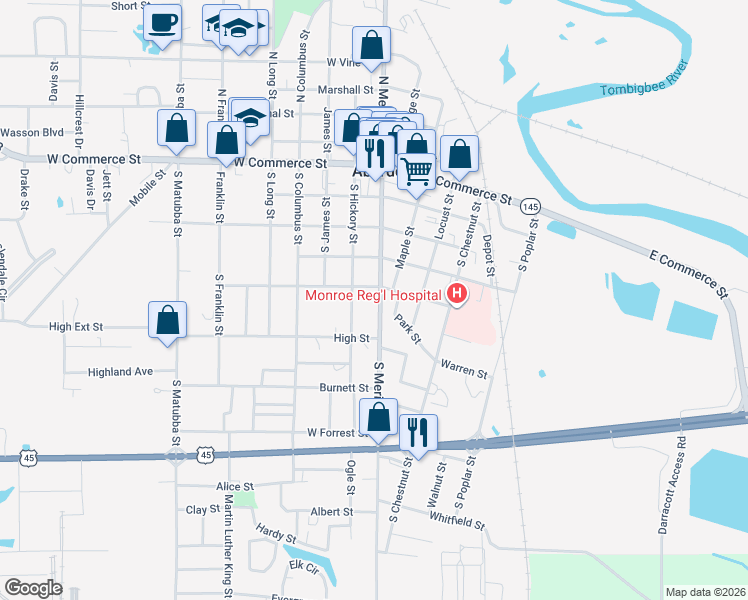 map of restaurants, bars, coffee shops, grocery stores, and more near 105 E Monroe St in Aberdeen