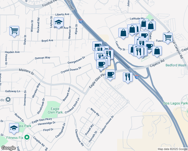 map of restaurants, bars, coffee shops, grocery stores, and more near 3982 Barton Creek Circle in Corona