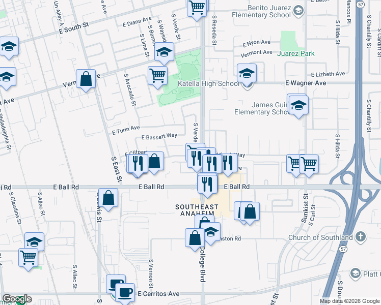 map of restaurants, bars, coffee shops, grocery stores, and more near 1821 East Clifpark Way in Anaheim