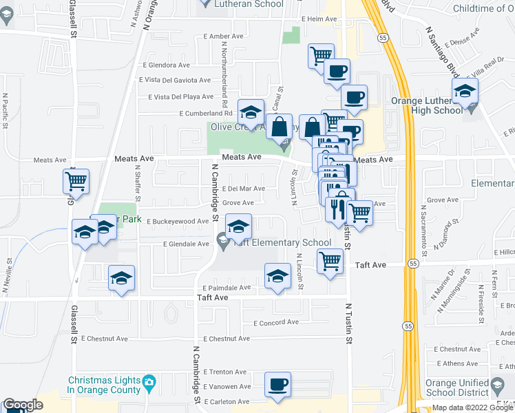 map of restaurants, bars, coffee shops, grocery stores, and more near 1138 Grove Avenue in Orange