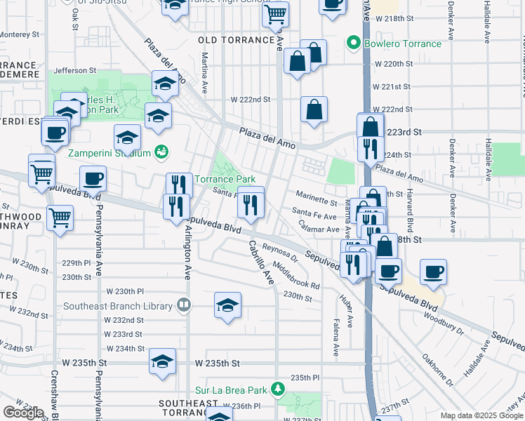 map of restaurants, bars, coffee shops, grocery stores, and more near 2652 Cabrillo Avenue in Torrance