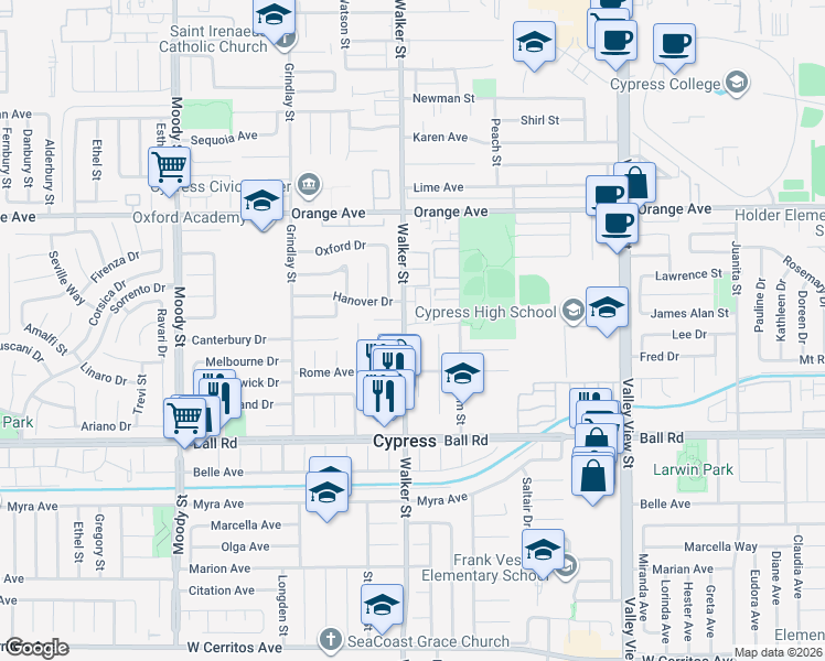 map of restaurants, bars, coffee shops, grocery stores, and more near 9745 Spruce Court in Cypress