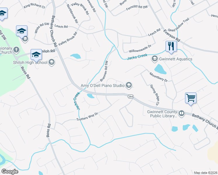 map of restaurants, bars, coffee shops, grocery stores, and more near 2850 Brackenwood Drive in Snellville
