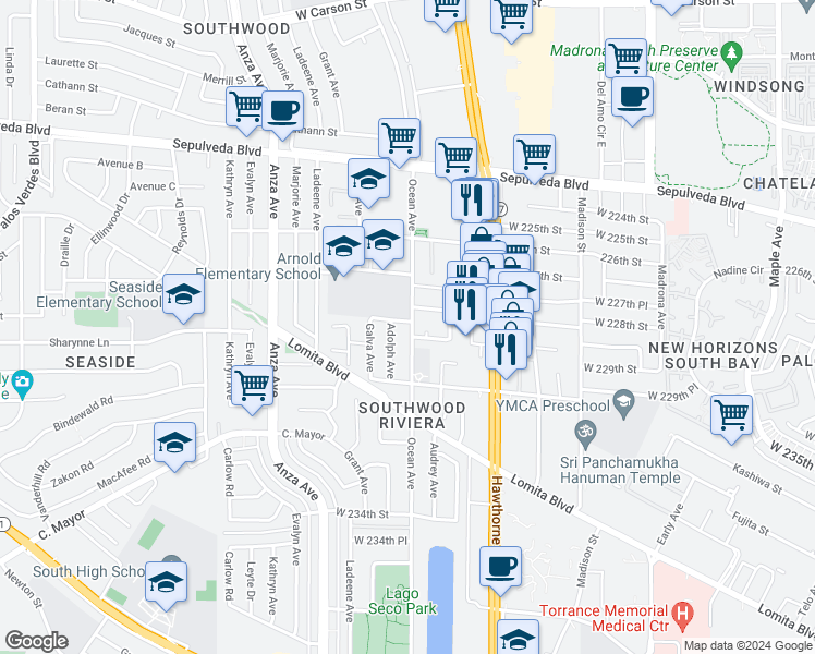 map of restaurants, bars, coffee shops, grocery stores, and more near 3904 West 228th Place in Torrance