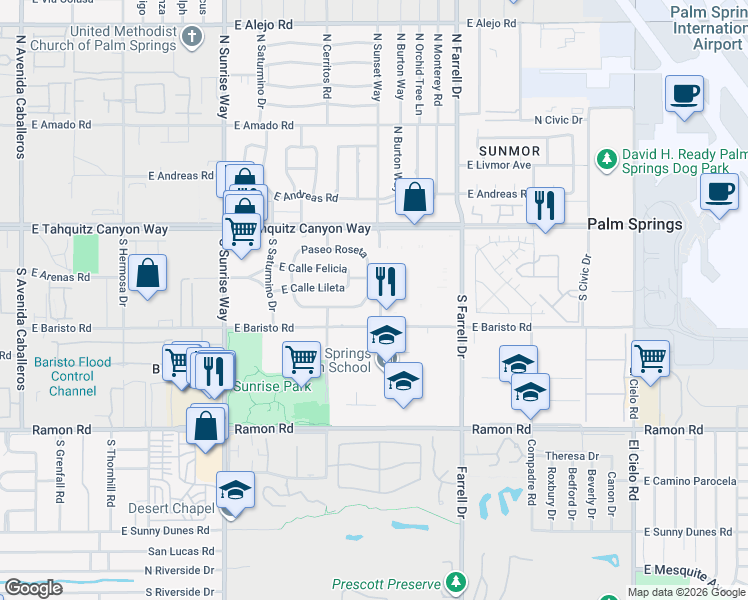 map of restaurants, bars, coffee shops, grocery stores, and more near 2235 East Paseo Gracia in Palm Springs