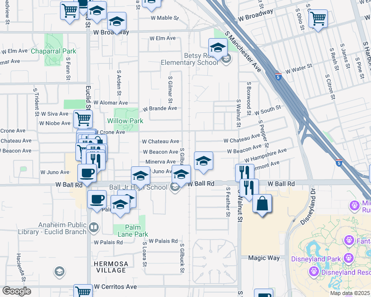 map of restaurants, bars, coffee shops, grocery stores, and more near 832 South Gilbuck Drive in Anaheim