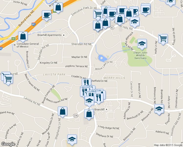 map of restaurants, bars, coffee shops, grocery stores, and more near 1344 Sheffield Glen Way Northeast in Atlanta