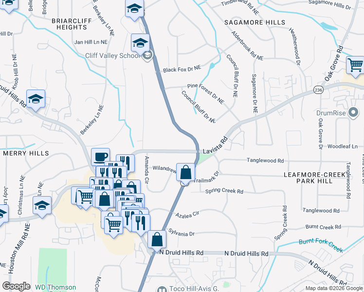 map of restaurants, bars, coffee shops, grocery stores, and more near 2410 Lavista Road Northeast in Atlanta