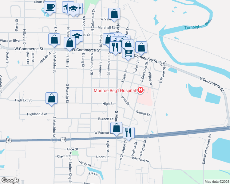 map of restaurants, bars, coffee shops, grocery stores, and more near 105 E Monroe St in Aberdeen