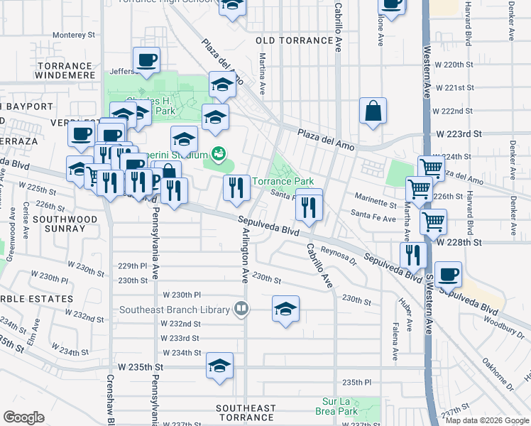map of restaurants, bars, coffee shops, grocery stores, and more near 2179 W Sepulveda Blvd in Torrance