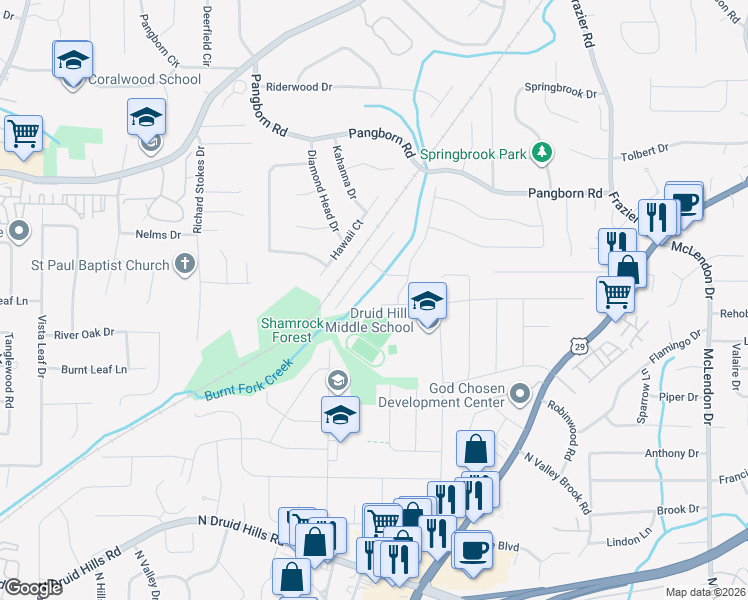 map of restaurants, bars, coffee shops, grocery stores, and more near 1364 Country Squire Drive in Decatur