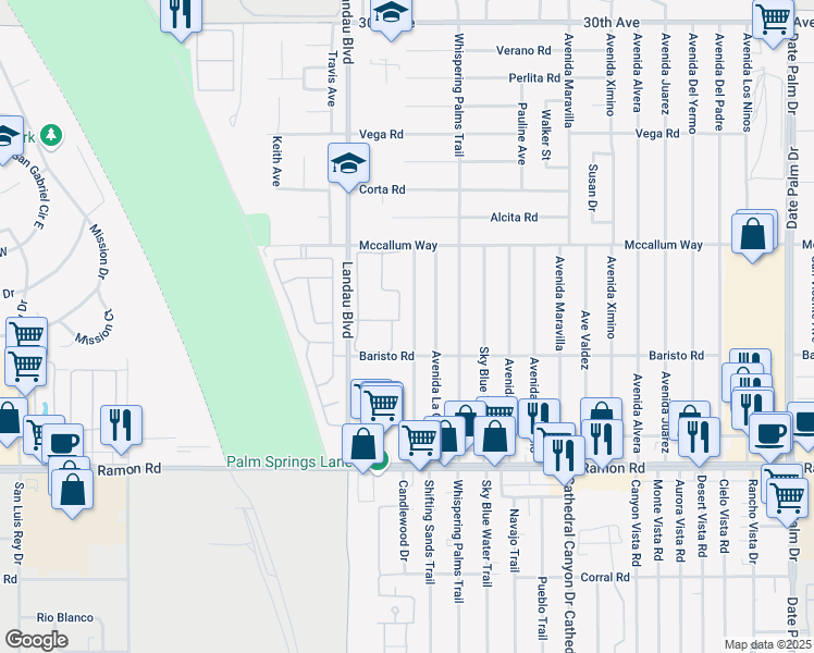 map of restaurants, bars, coffee shops, grocery stores, and more near 31305 Avenida La Paloma in Cathedral City