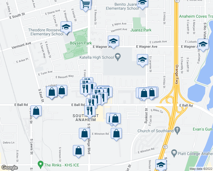 map of restaurants, bars, coffee shops, grocery stores, and more near 1137 South Groveland Place in Anaheim