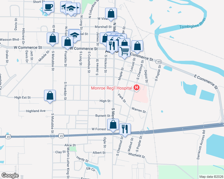 map of restaurants, bars, coffee shops, grocery stores, and more near 517 South Meridian Street in Aberdeen