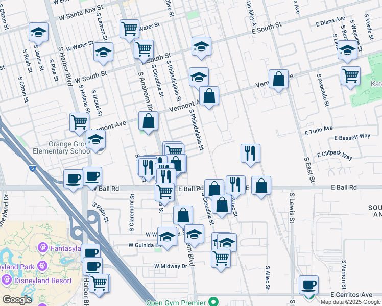 map of restaurants, bars, coffee shops, grocery stores, and more near 229 East Clifton Avenue in Anaheim