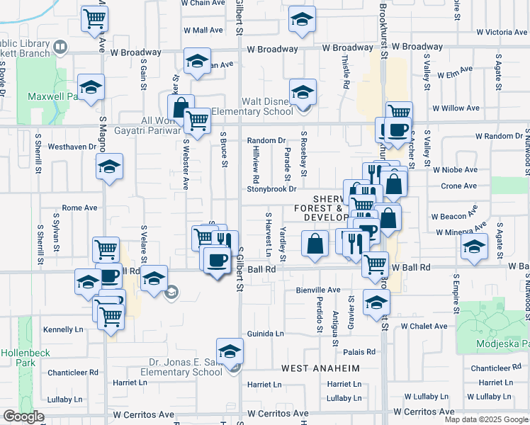map of restaurants, bars, coffee shops, grocery stores, and more near 9791 South Harvest Lane in Anaheim