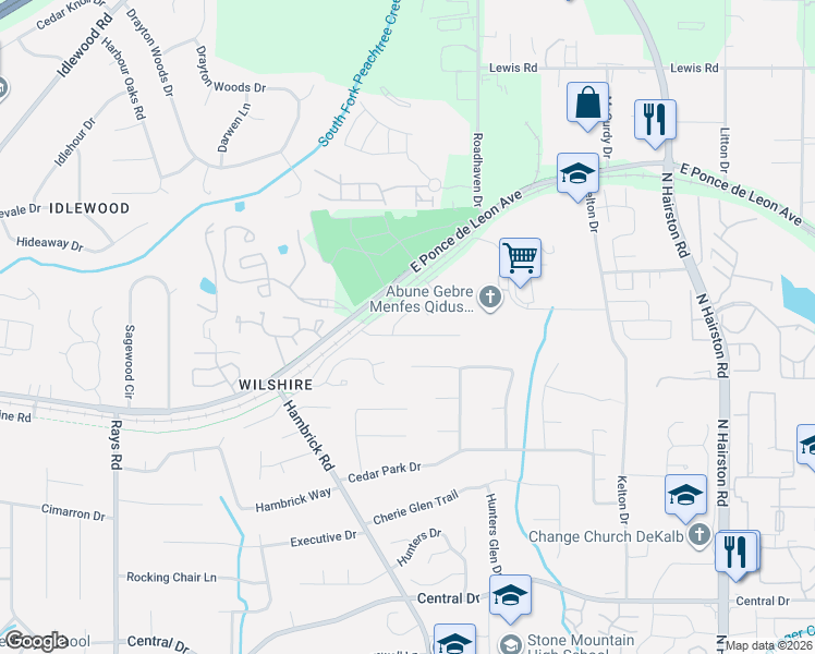 map of restaurants, bars, coffee shops, grocery stores, and more near 4472 Woodland Forest Drive in Stone Mountain
