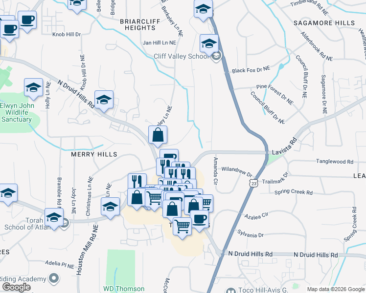 map of restaurants, bars, coffee shops, grocery stores, and more near 1381 Fama Drive Northeast in Atlanta
