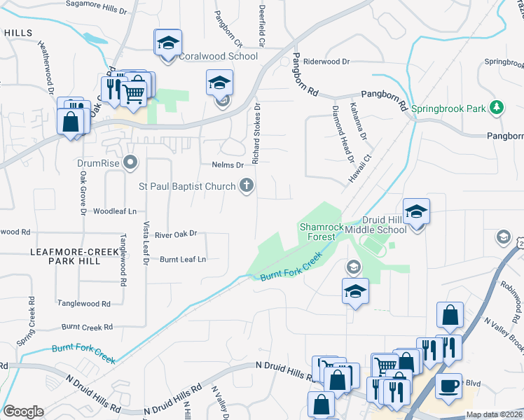 map of restaurants, bars, coffee shops, grocery stores, and more near 1375 Nelms Drive in Decatur