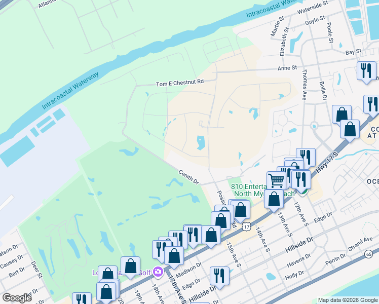 map of restaurants, bars, coffee shops, grocery stores, and more near 301 Possum Trot Rd in North Myrtle Beach