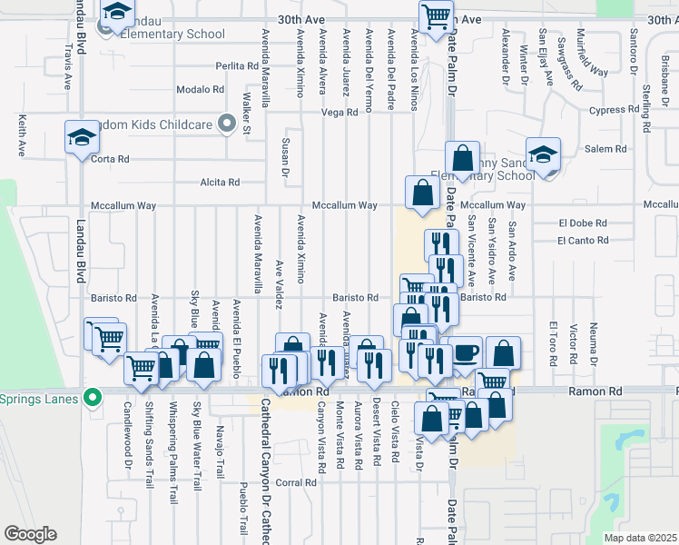 map of restaurants, bars, coffee shops, grocery stores, and more near 31415 Avenida Juarez in Cathedral City