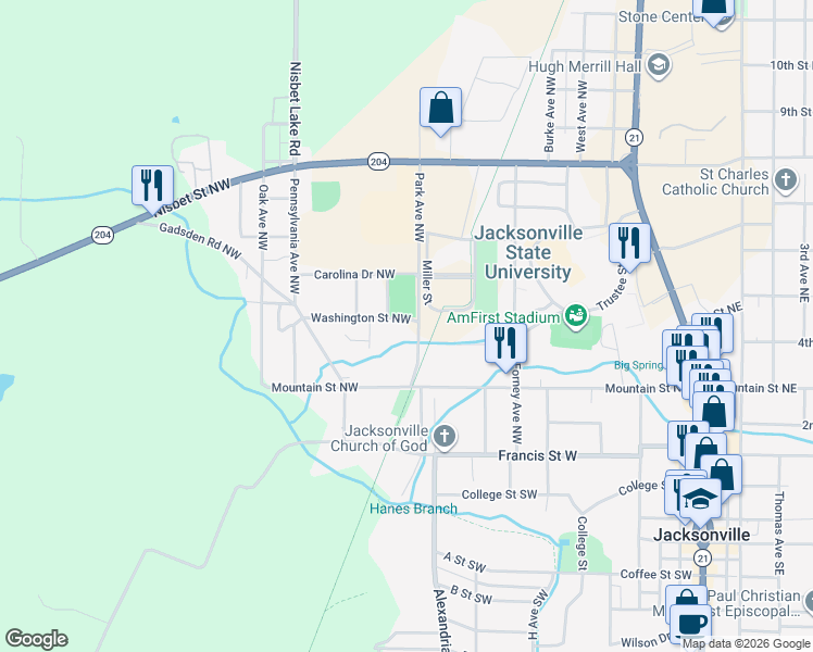 map of restaurants, bars, coffee shops, grocery stores, and more near 528 Park Avenue Northwest in Jacksonville