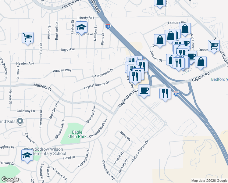 map of restaurants, bars, coffee shops, grocery stores, and more near 3920 Pine Valley Way in Corona