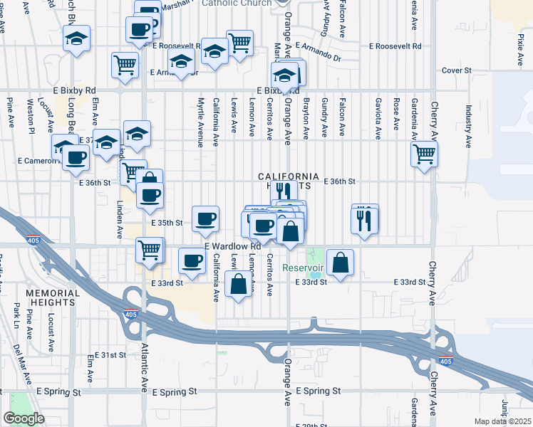 map of restaurants, bars, coffee shops, grocery stores, and more near 3511 Cerritos Avenue in Long Beach
