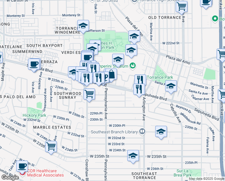 map of restaurants, bars, coffee shops, grocery stores, and more near 2350 Sepulveda Boulevard in Torrance