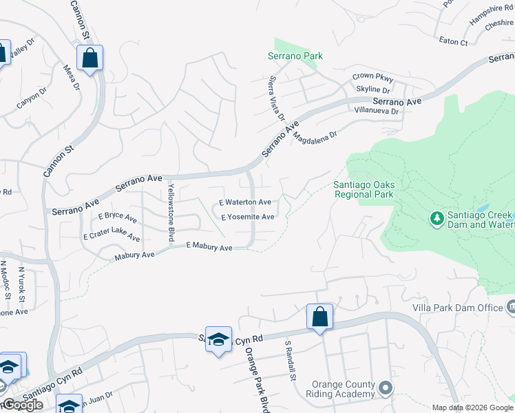 map of restaurants, bars, coffee shops, grocery stores, and more near 6608 East Waterton Avenue in Orange