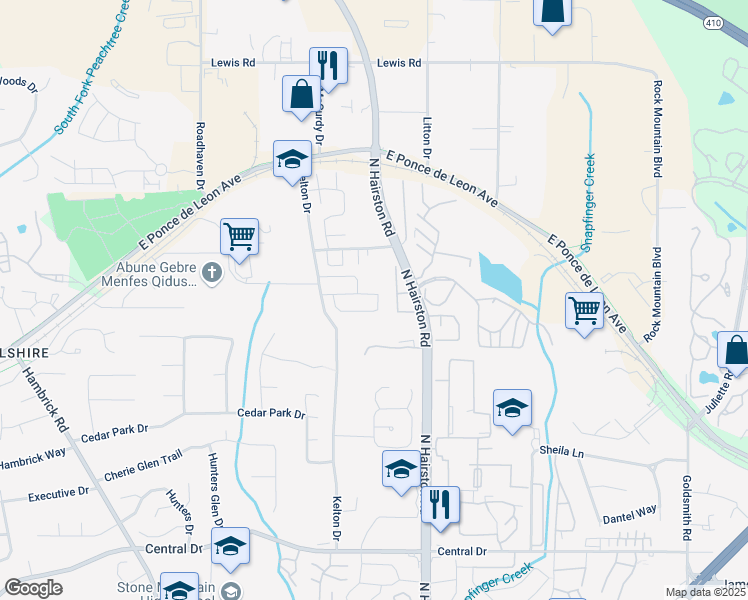 map of restaurants, bars, coffee shops, grocery stores, and more near 4725 Cedar Park Way in Stone Mountain
