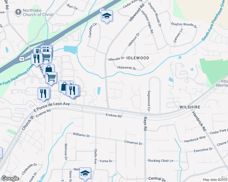 map of restaurants, bars, coffee shops, grocery stores, and more near 1390 Idlewood Parc Court in Tucker